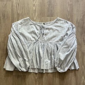 Free People Beaumont Mews Cropped Peasant Top, White & light blue stripe, Size M
